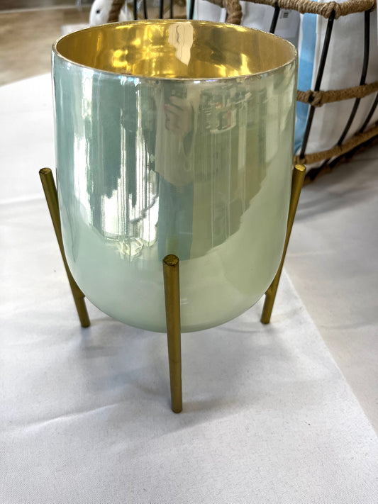 Green Hurricane Vase w/Gold Stand