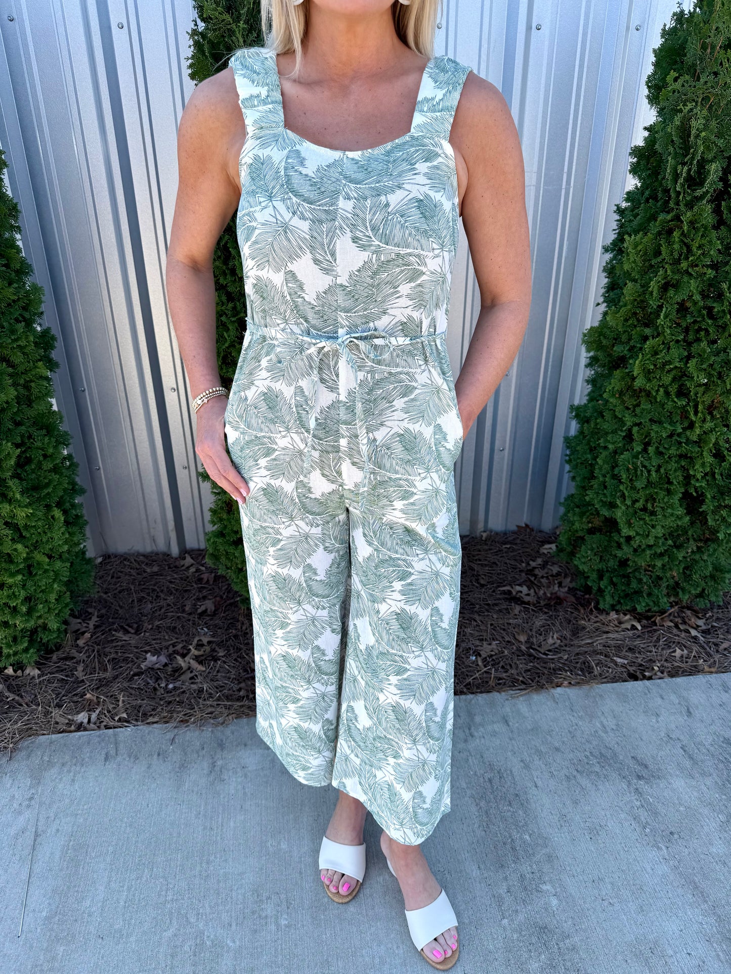 Green & White Linen Leaf Print Jumpsuit