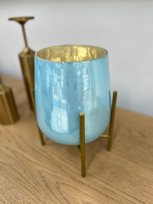 Blue Hurricane Vase w/Gold Stand