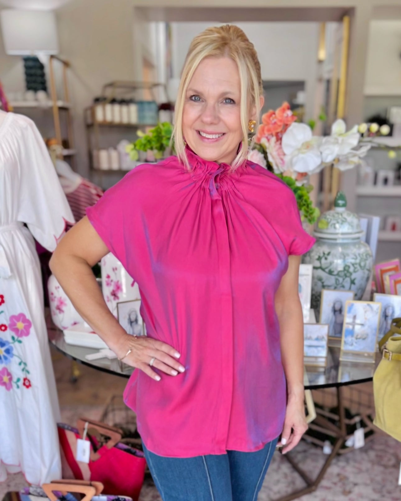 Fuchsia Elastic Ruffle Neck Top