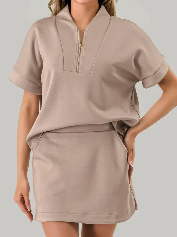 Taupe Short Sleeve Scuba Skort Set