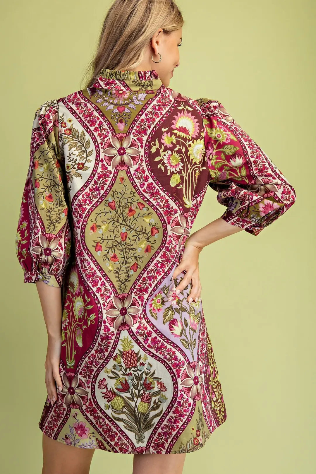 Floral Print Short Dress Burgandy