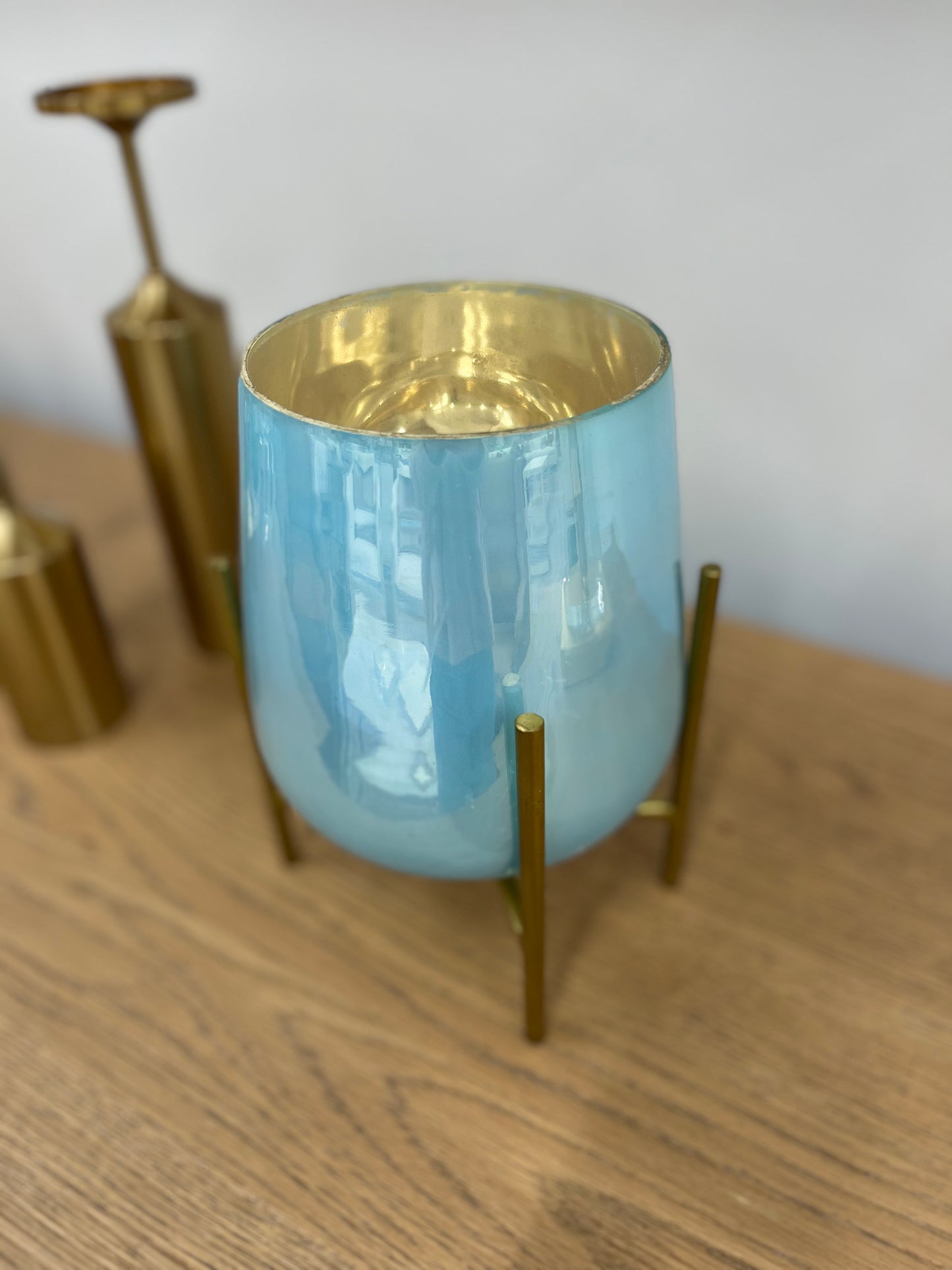 Blue Hurricane Vase w/Gold Stand