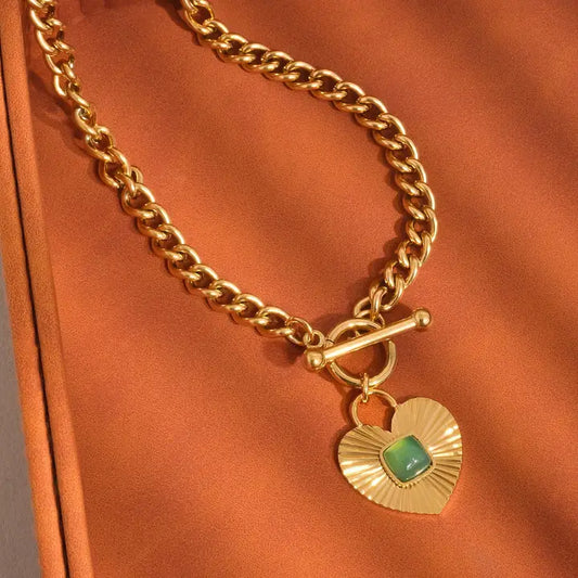 18k Gold Necklace w/ Green Heart Charm