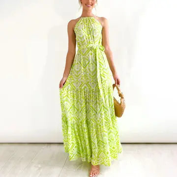 Lime Beach Print Halter Dress