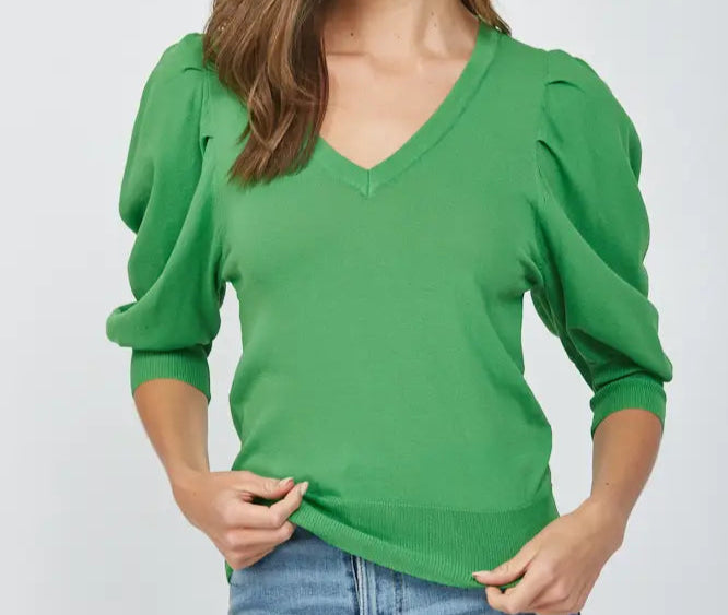 Green V-Neck Puff Sleeve Top