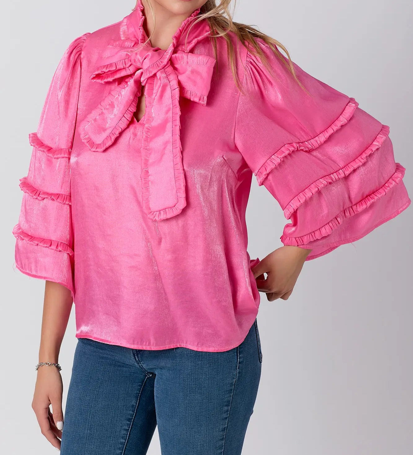 Pink Ruffle Sleeve Top w/Bow