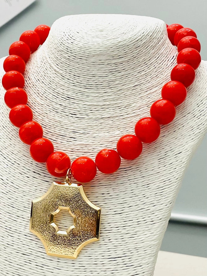 Red Beaded Necklace w/Gold Pendant