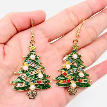Christmas Tree Rhinestone Pearl Earrings