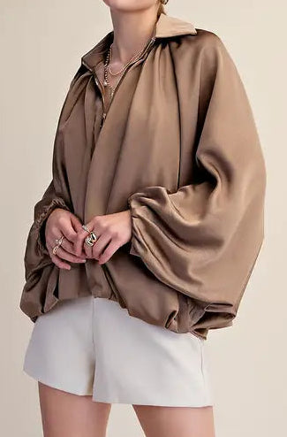 Mocha Balloon Sleeve Bomber Jacket