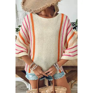 Beige Striped Lightweight Sweater