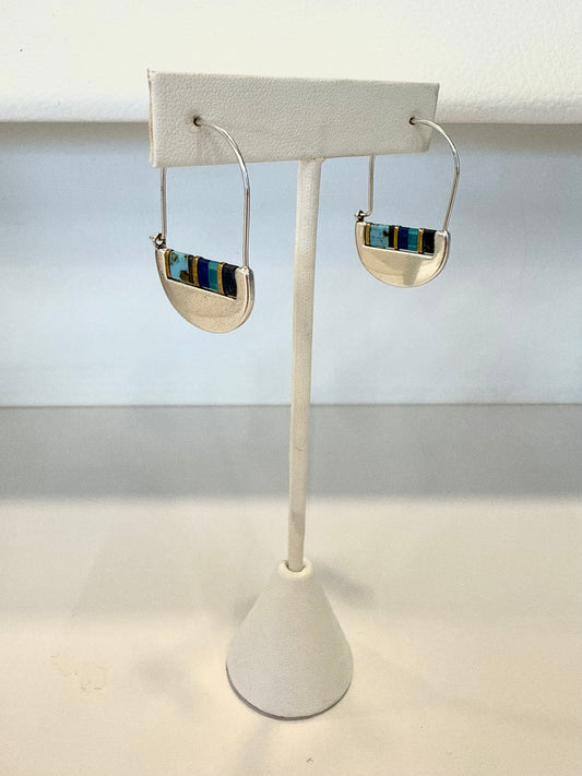 Silver Crescent Hoop Earrings w/ Blue Stone