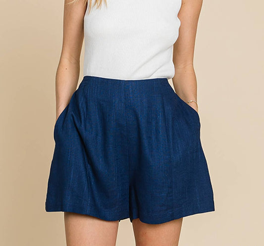 Navy Linen Hi-Waist Shorts