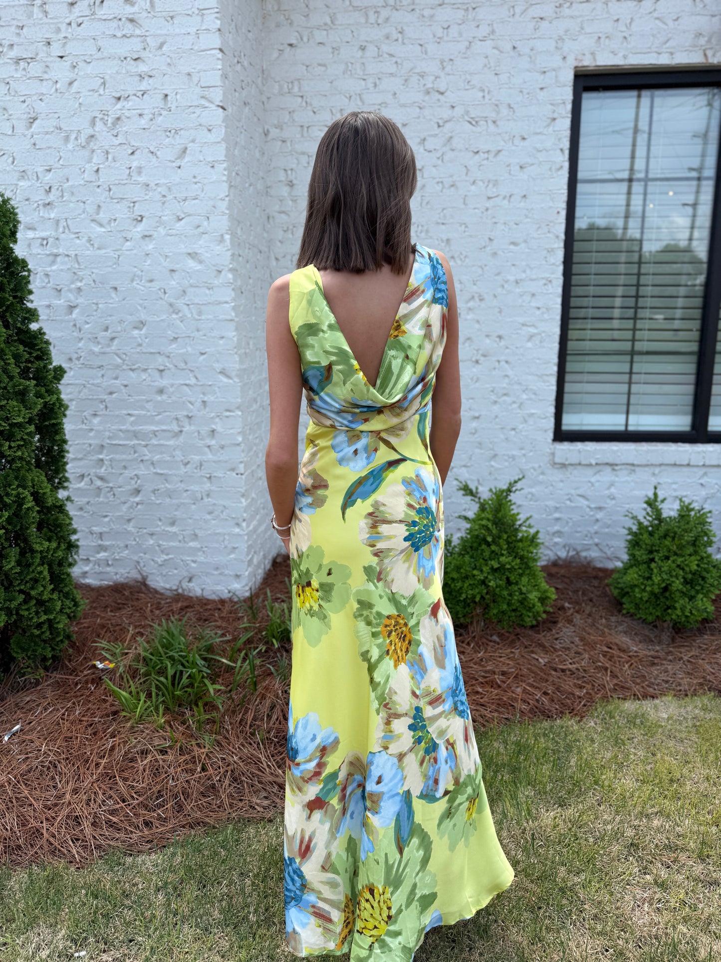 Chartreuse Floral Drape Neck Dress