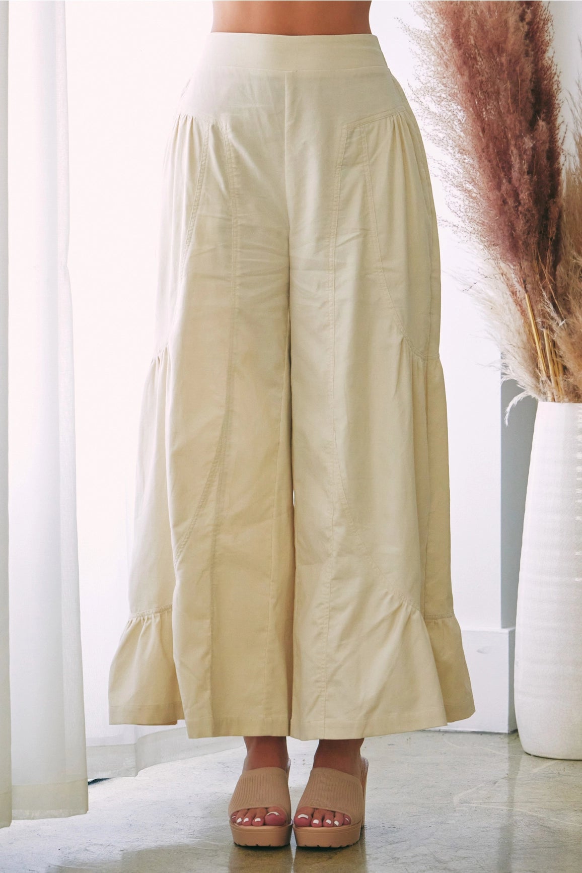 Cream Wide Leg Ruffle Pants