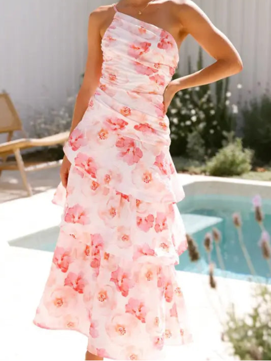 Pink One-Shoulder Floral Dress
