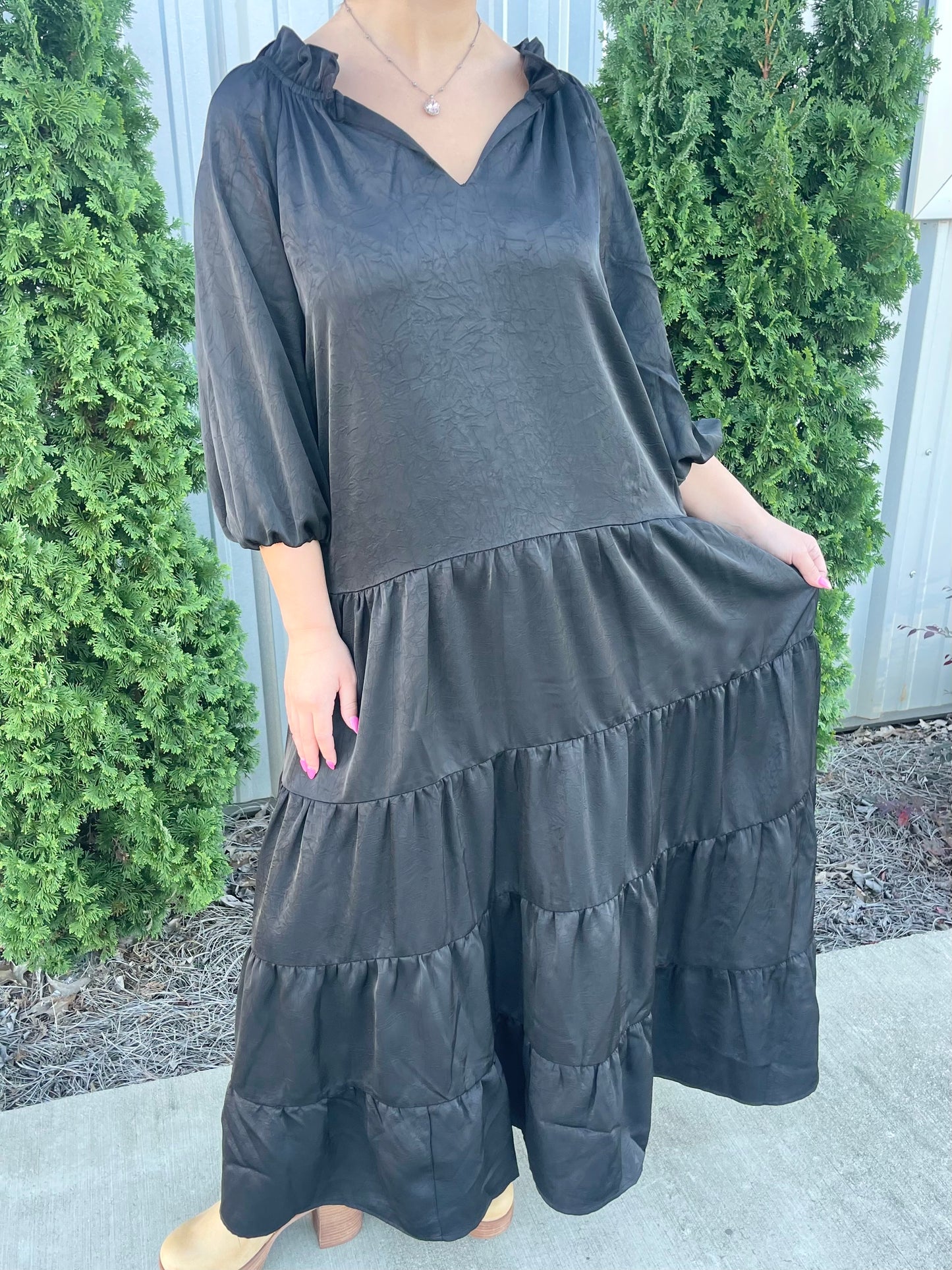 Black Satin Tiered Maxi Dress