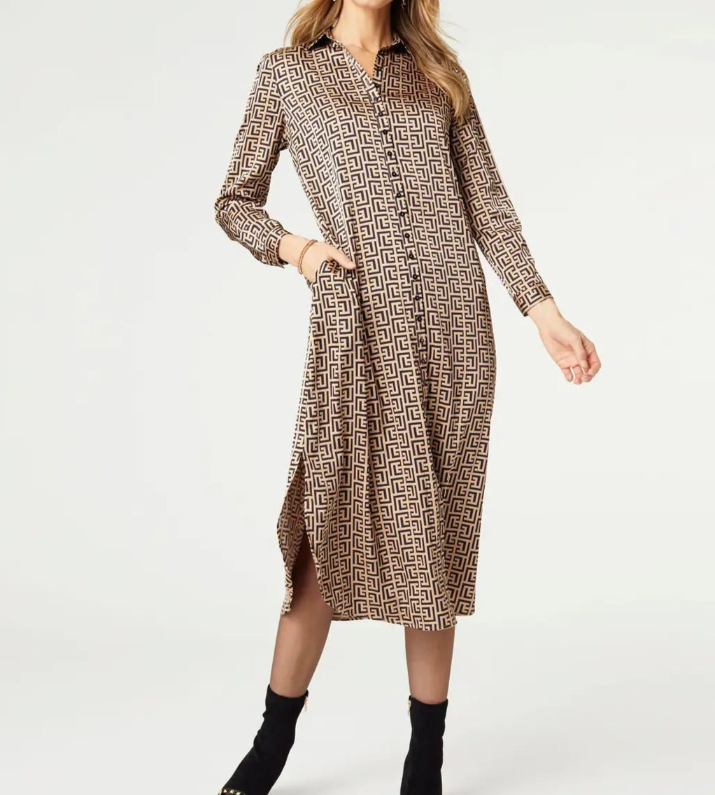 Black & Taupe Button-Down Maxi Dress