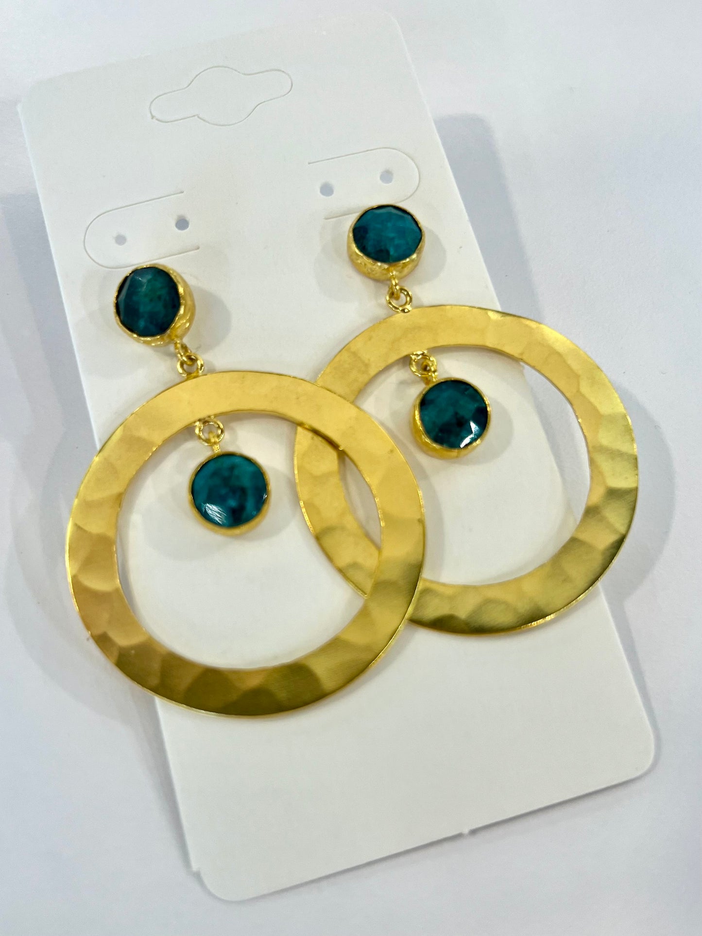 Gold Hammered Hoop Earrings w/ Emerald Stones