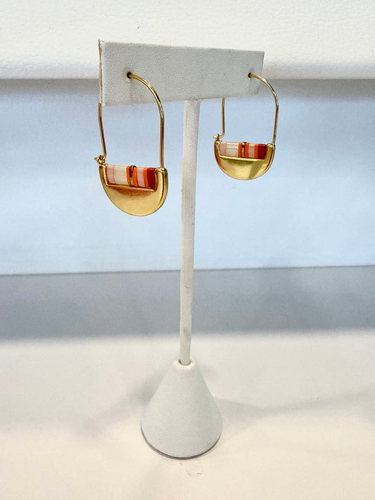Gold Crescent Hoop Earrings w/Pink Stone