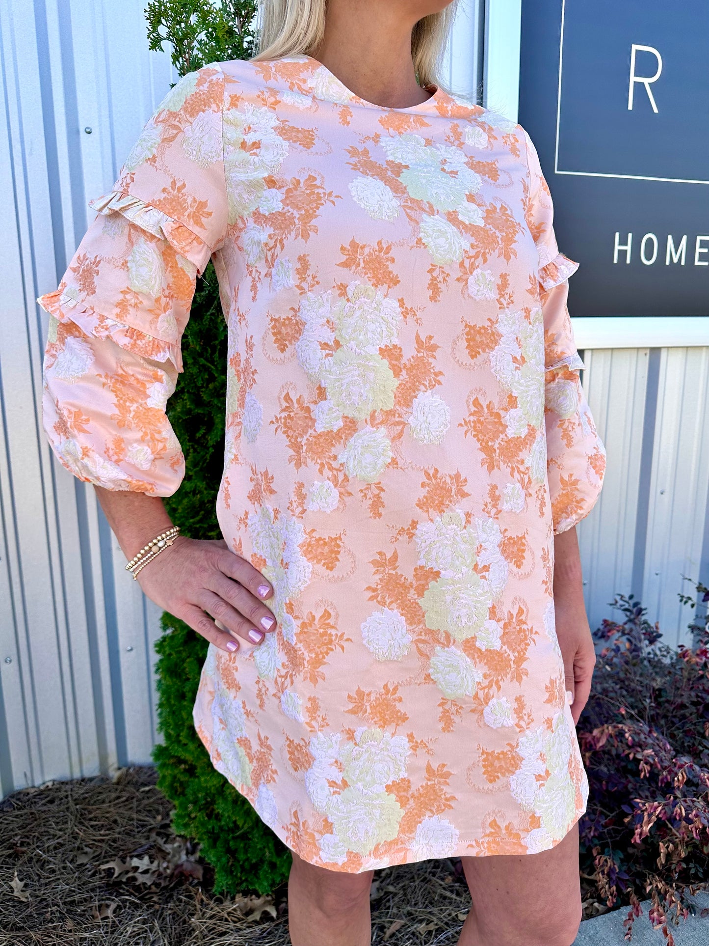 Peach Jacquard Ruffle Sleeve Dress