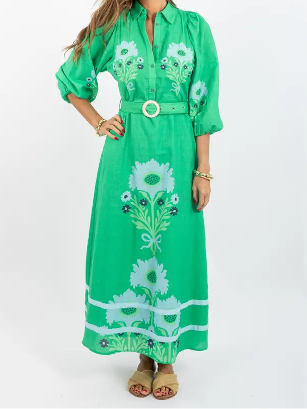 Green Cotton Lined Floral Dress