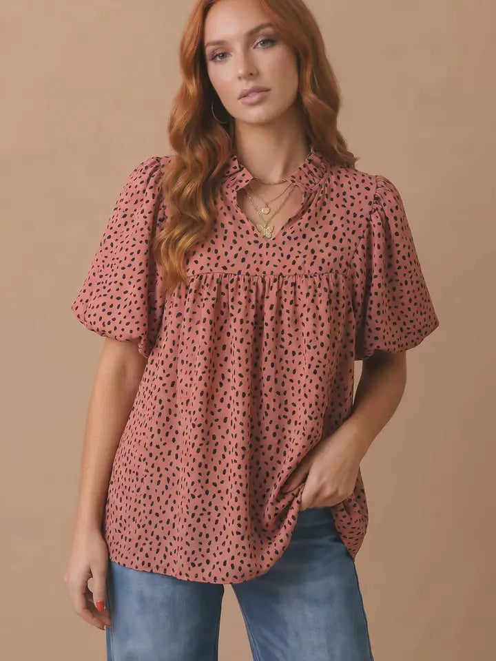 Plus Animal Print Dotted Terracotta Top