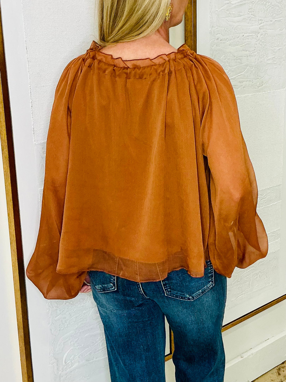 Ruffled Neck Peasant Lined Blouse