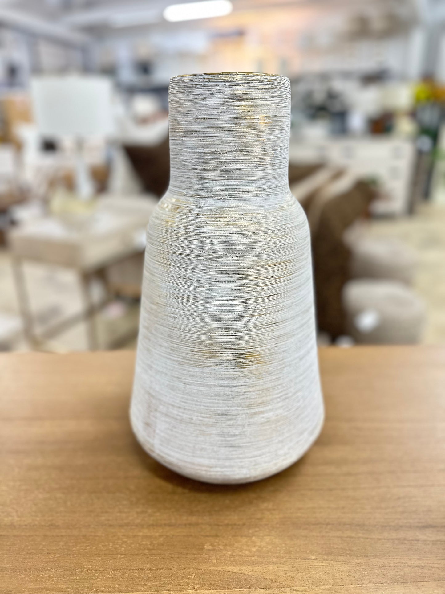 Large Gold & White Striated Vase 8.5” x 15.5”