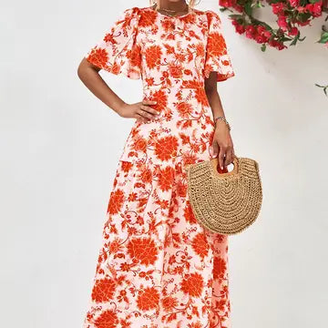 Orange Print Short Sleeve Dress
