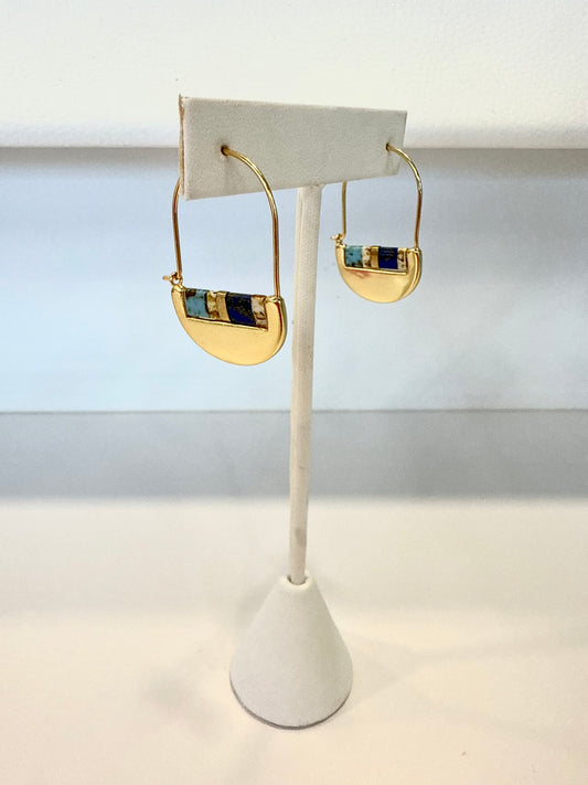 Gold Crescent Hoop Earrings w/Purple Stone