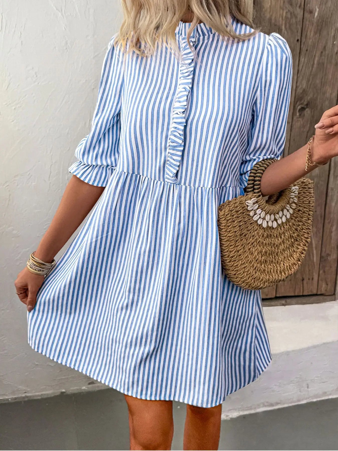 Blue Vertical Stripe Shirt Dress