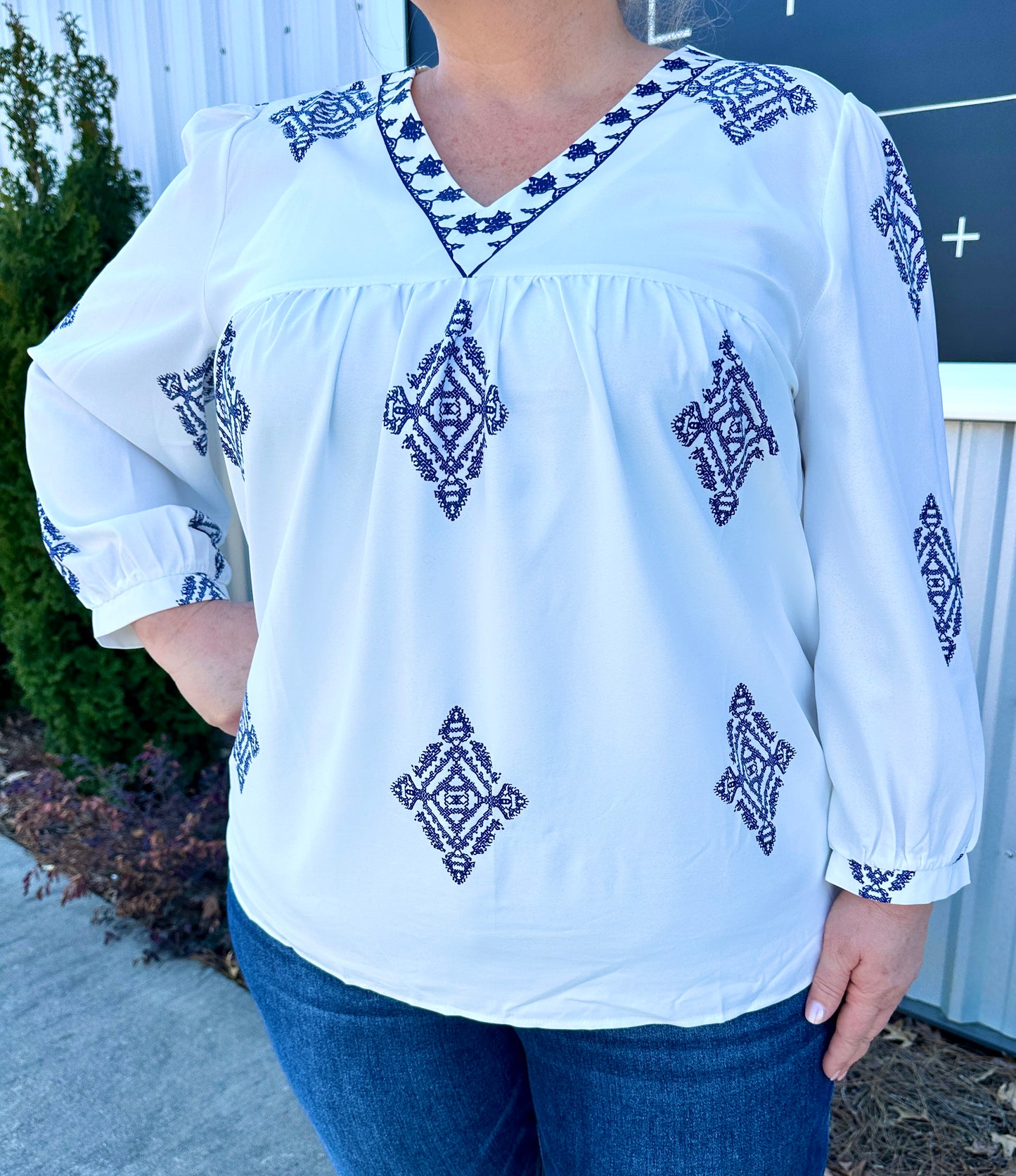 Blue & White Boho Plus Top