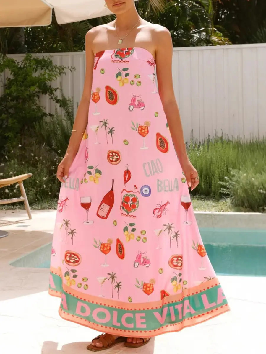 Pink Patterned Strapless Dress