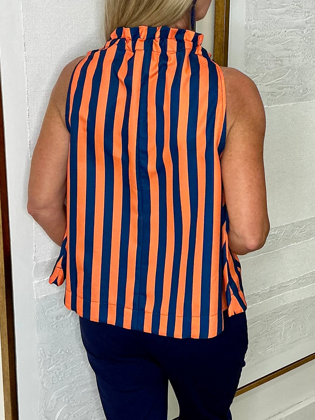 Ruffle Neck Sleeveless Stripe Top