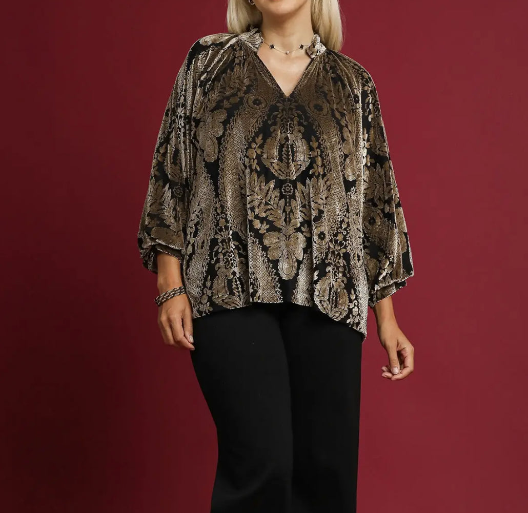 Plus Velvet Print Top/Black