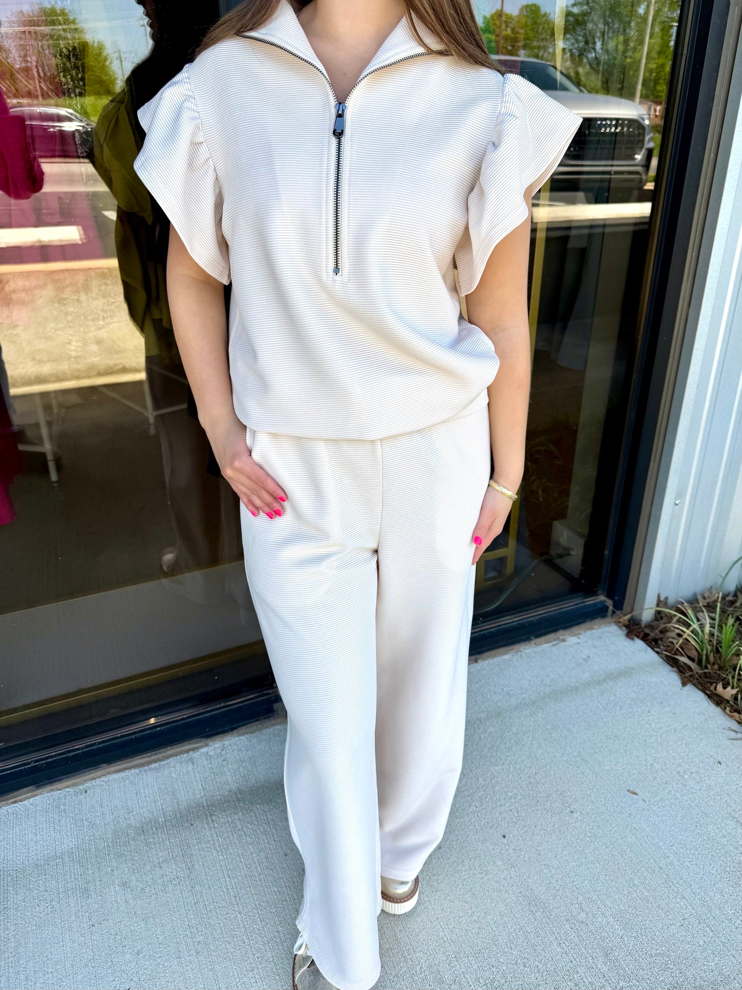 Cream Ruffle Sleeve Pant Set