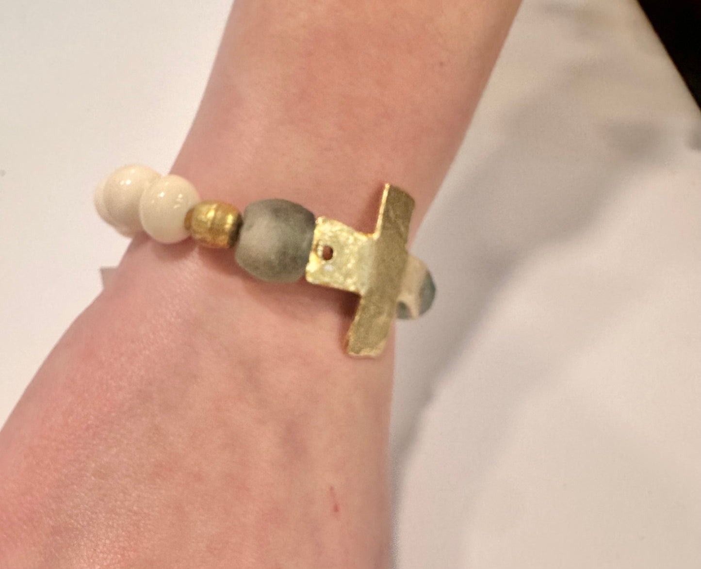 Gold Cross & Blue Glass Bracelet