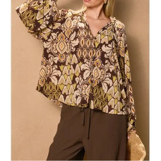Brown Botanical Ruffle Neck Top