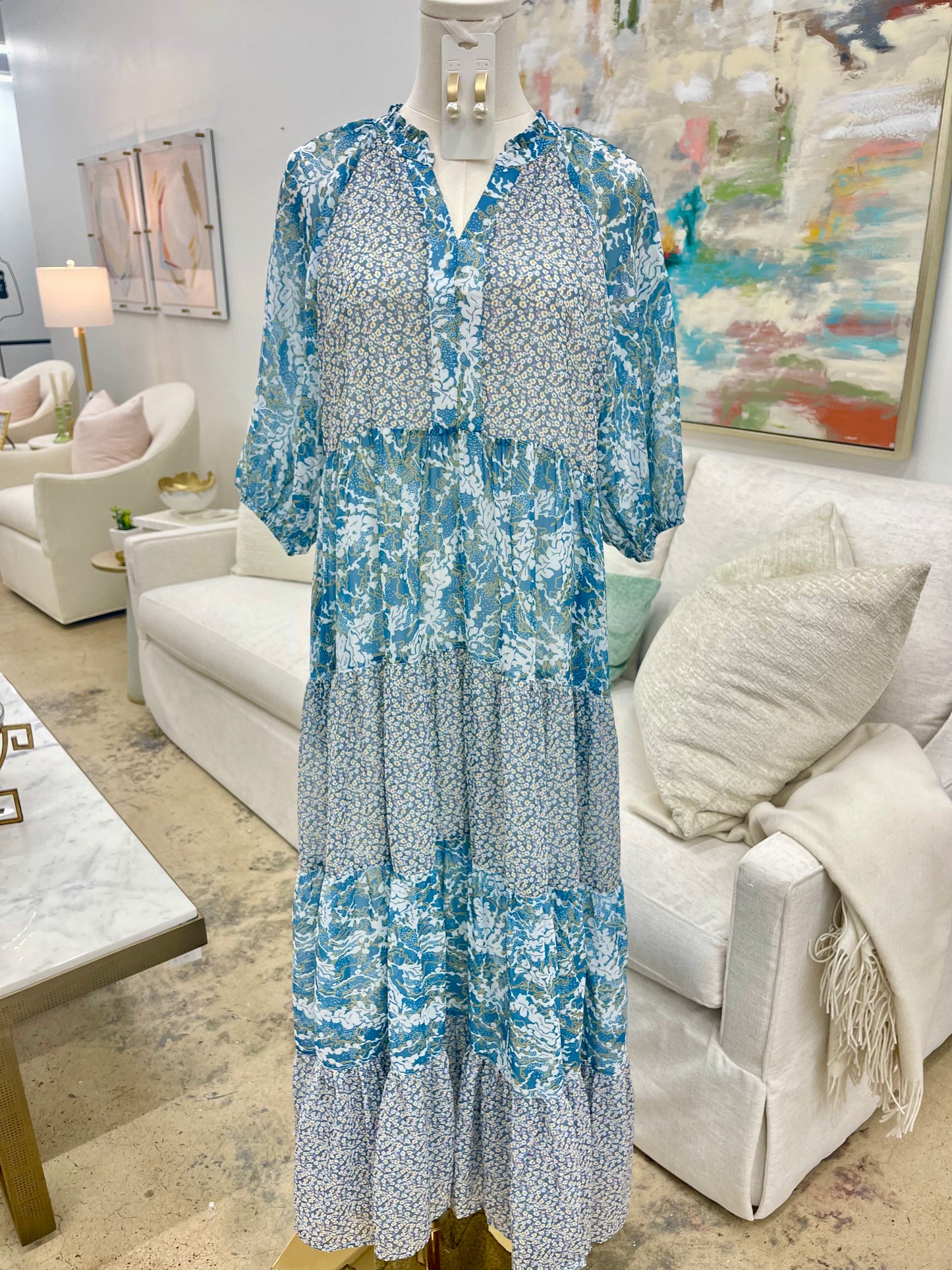 Blue Floral Print Maxi Dress