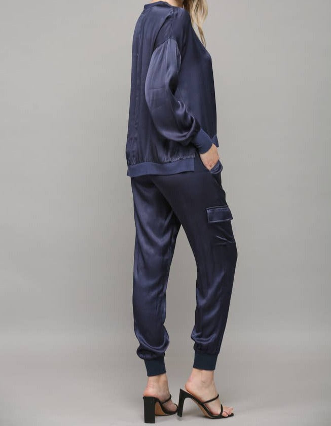 Navy Satin Cargo Pant Set