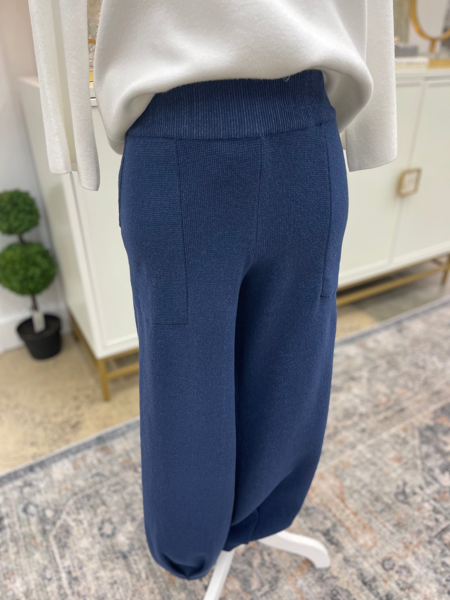 Navy Knitted High Waist Joggers