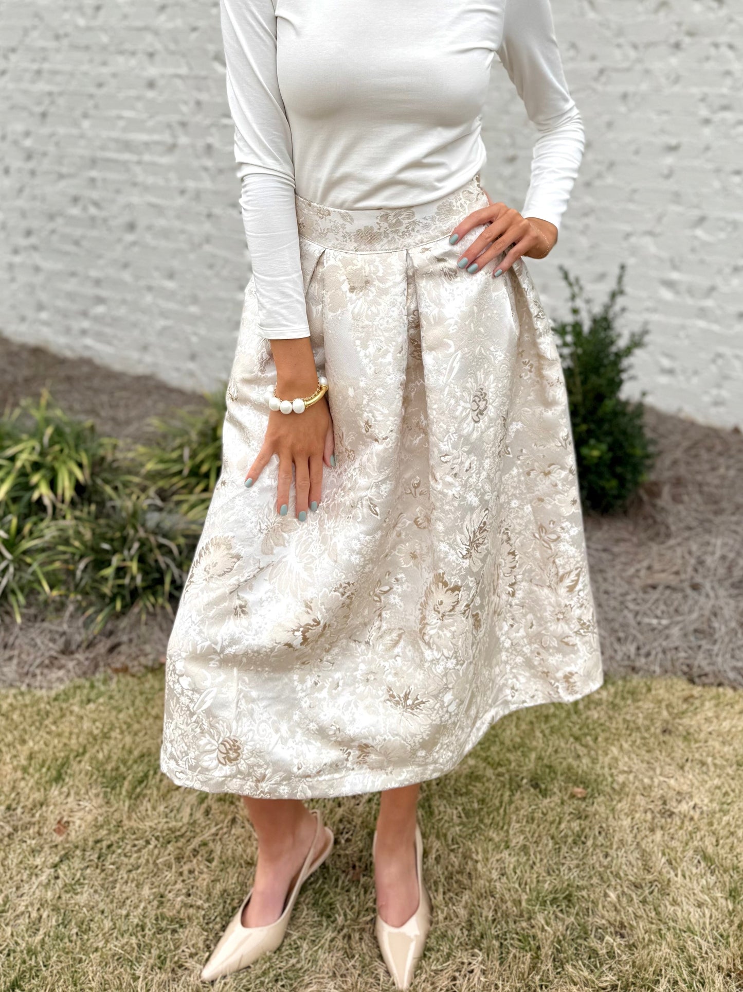 Champagne Jacquard Midi Skirt