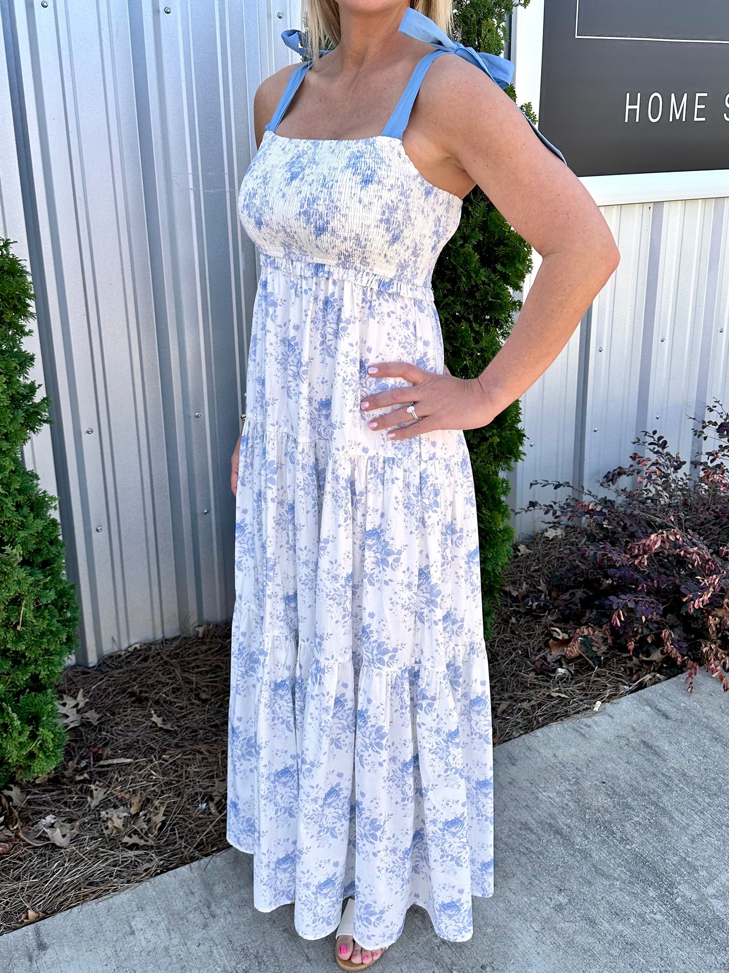 Cream & Blue Floral Tie Strap Dress