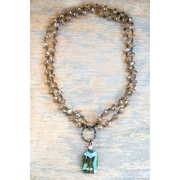 Bronze/Taupe beaded Necklace w/Blue Pendent