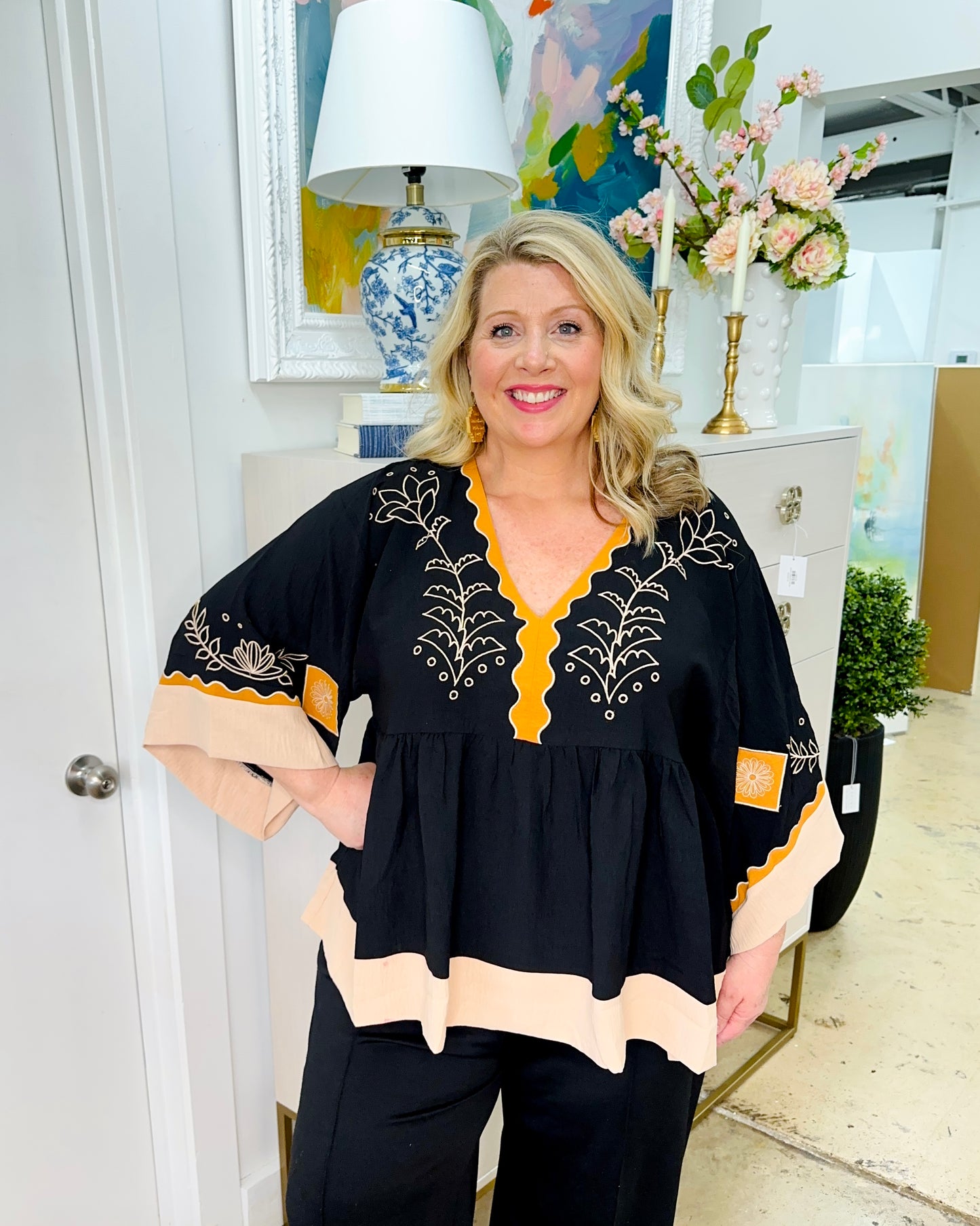 Plus Peasant Blouse Black Combo