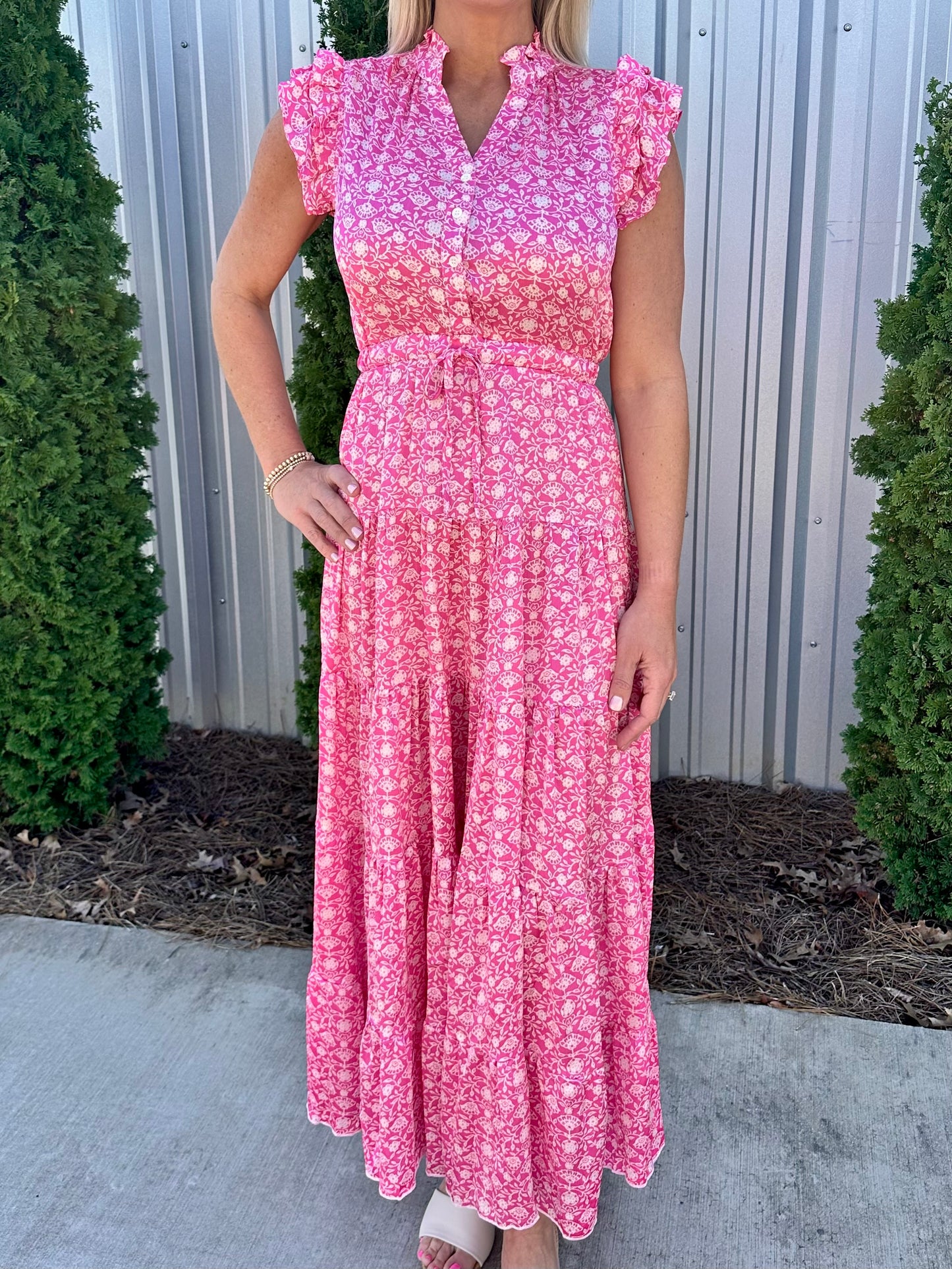 Pink Satin Tiered Maxi Dress