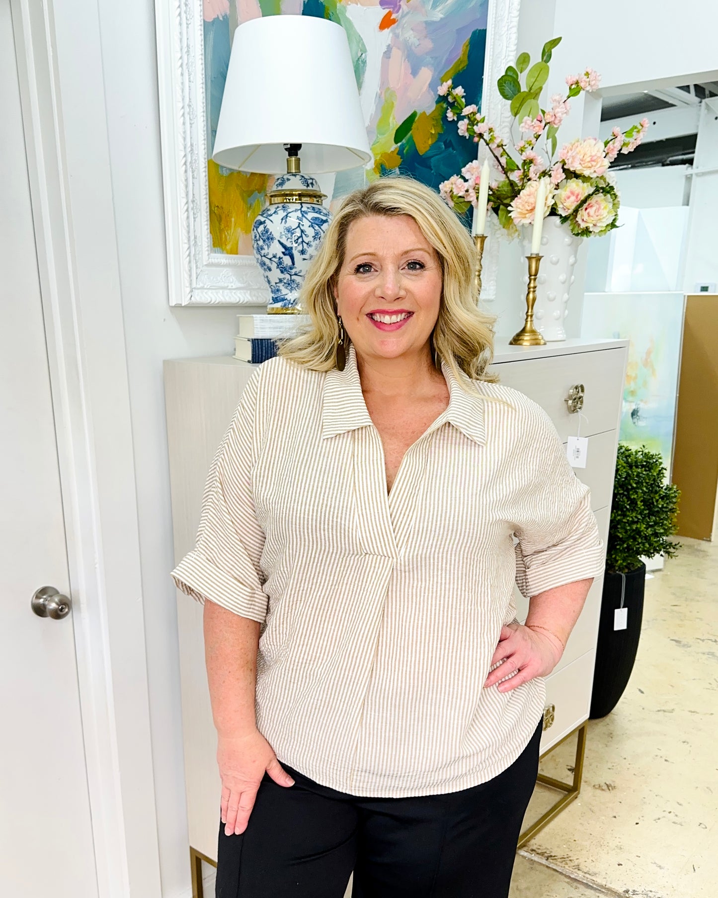 Plus Notch Neck Stripe Top Khaki