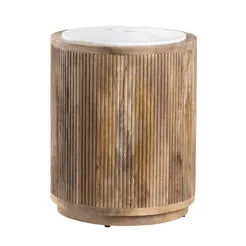 Ribbed Wood End Table w/ Marble Top