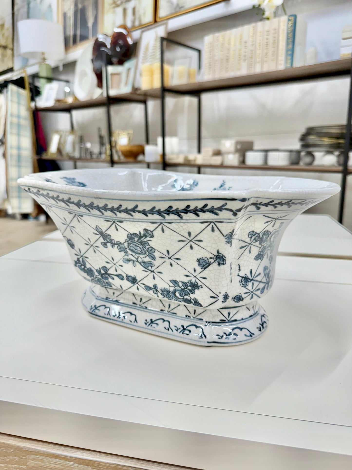 13" Blue & White Floral Ceramic Bowl